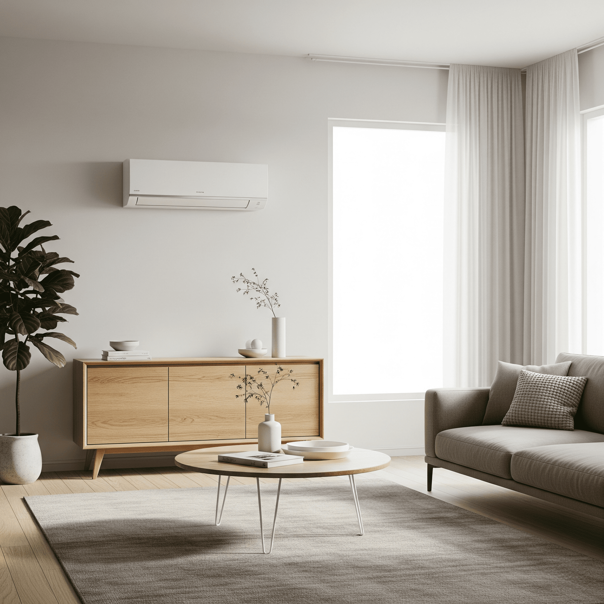 Installazione discreta di un climatizzatore monosplit di ultima generazione in un soggiorno moderno. Soluzioni di climatizzazione efficienti e di design da L'Artigiano del Clima a Cagliari.