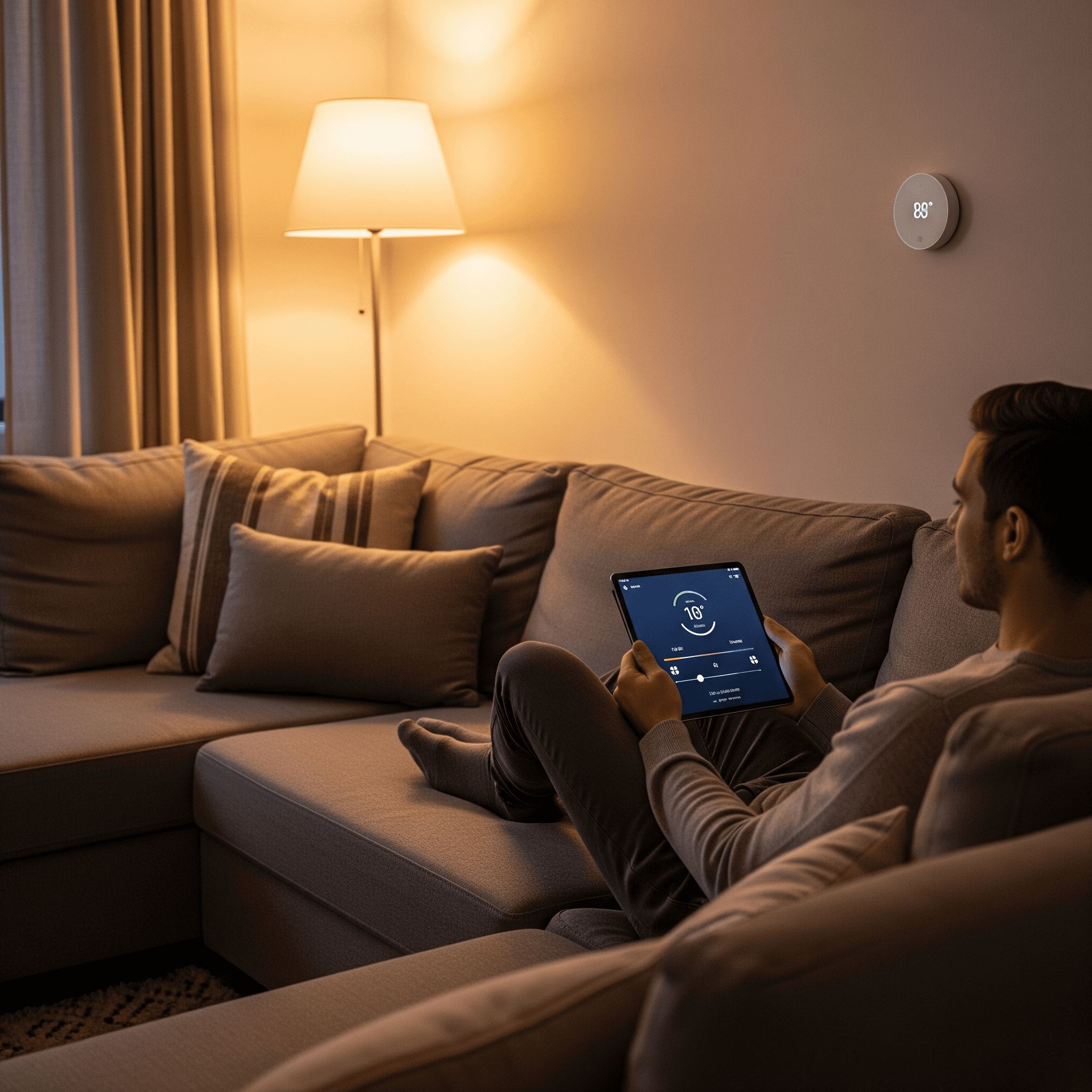 Persona in un salotto moderno che utilizza un tablet per regolare il termostato intelligente, esempio di impianto di domotica residenziale