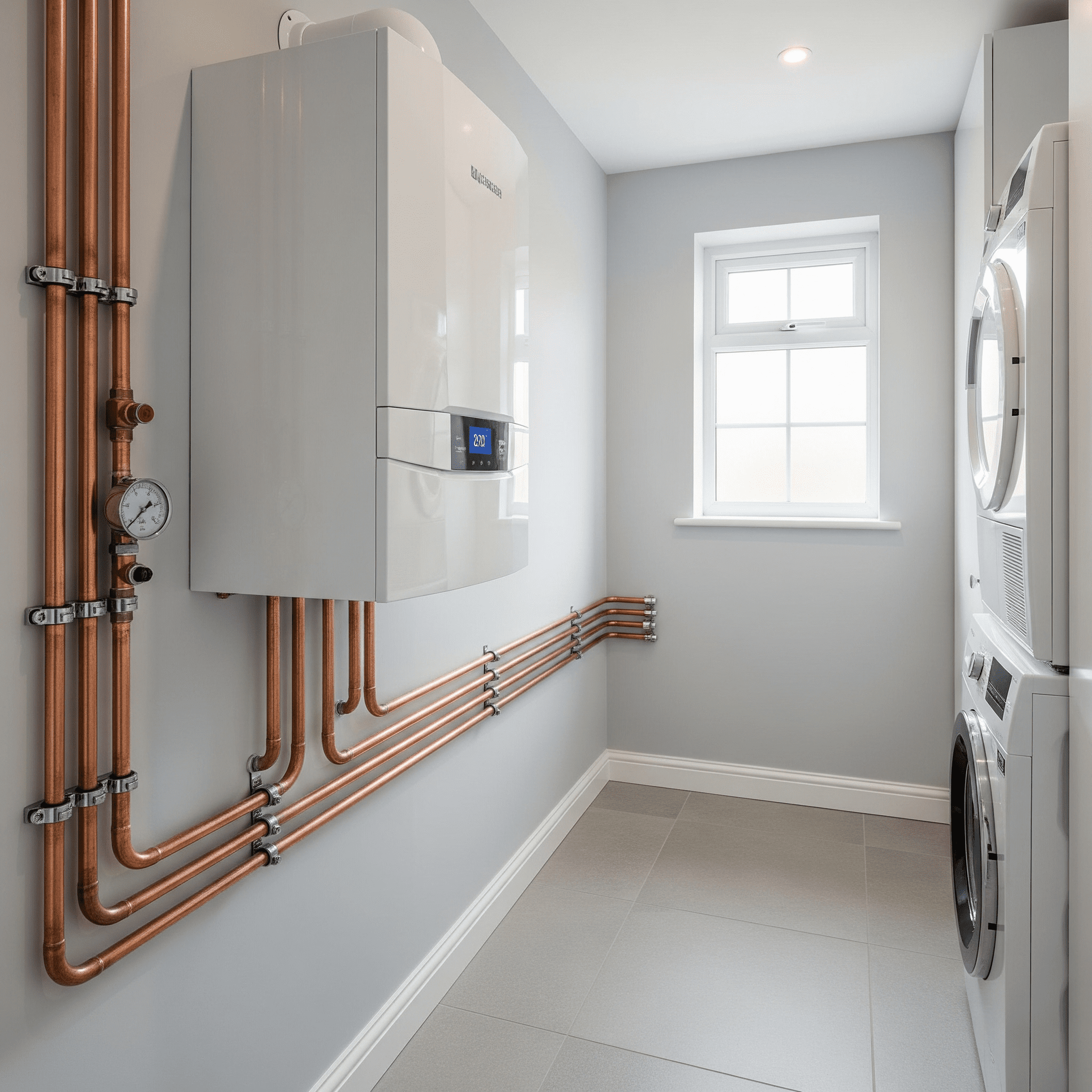 Installazione a regola d'arte di una caldaia a condensazione moderna con tubature in rame a vista. Un esempio di impianto di riscaldamento efficiente realizzato da Termoidroclima a Cagliari.